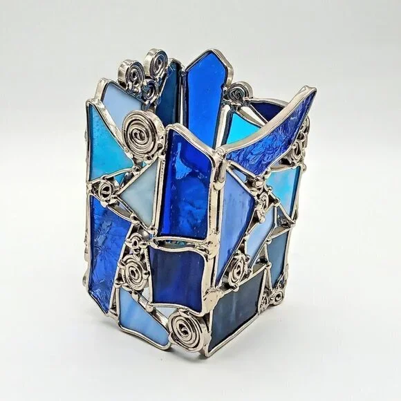 Blue Stained Glass Silver Swirl Candle Holder